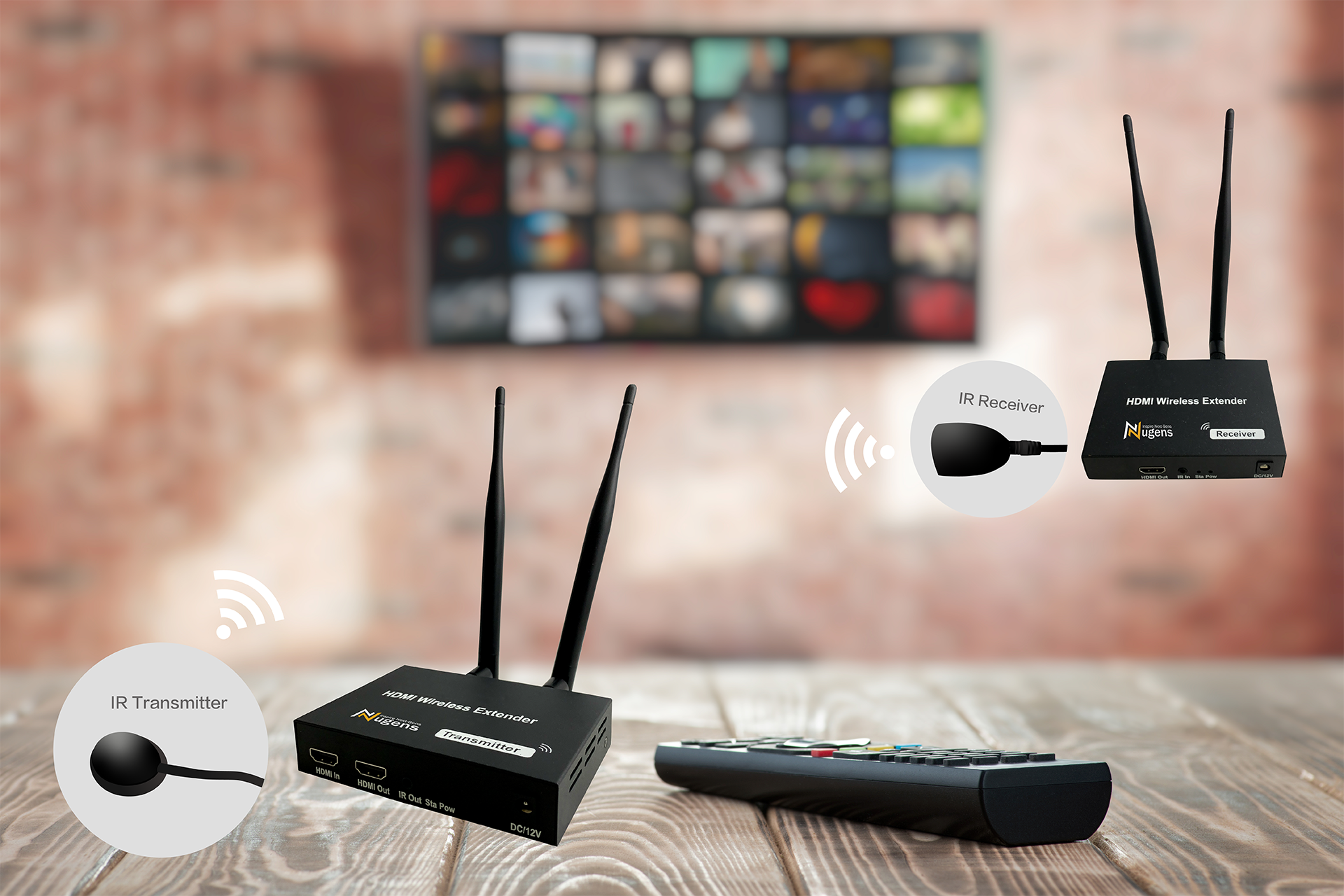 Schematic diagram of Nugens HDMI Wireless Extender using IR transmitter and receiver to expand the infrared range