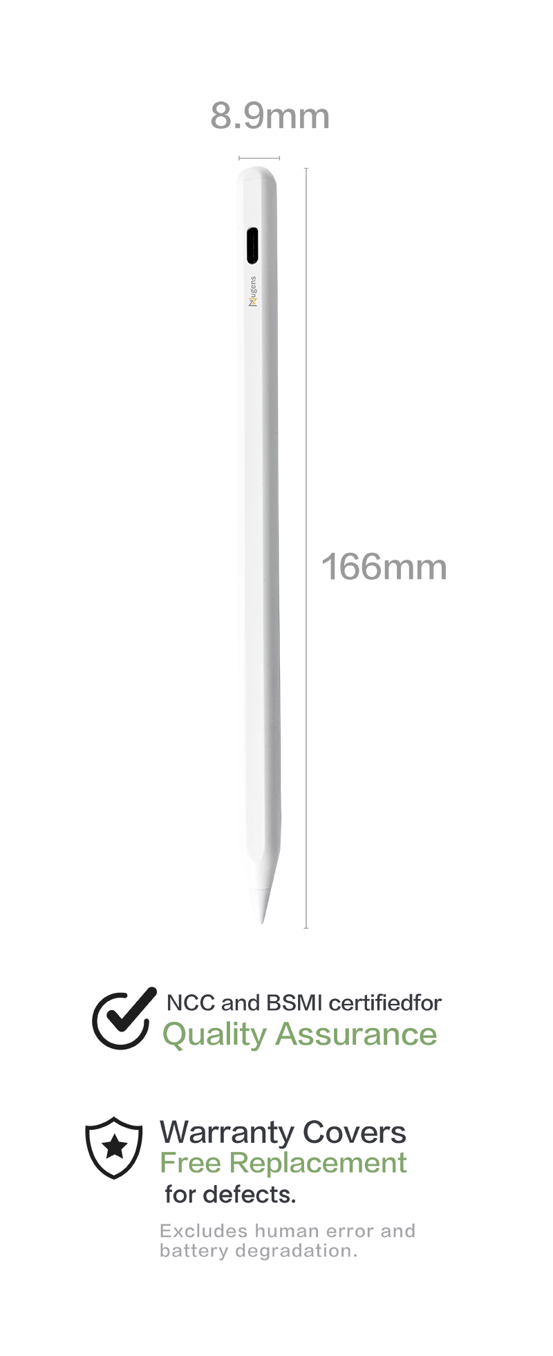 iPad Magnetic Type-C Dual-Mode Charging Stylus size and certification